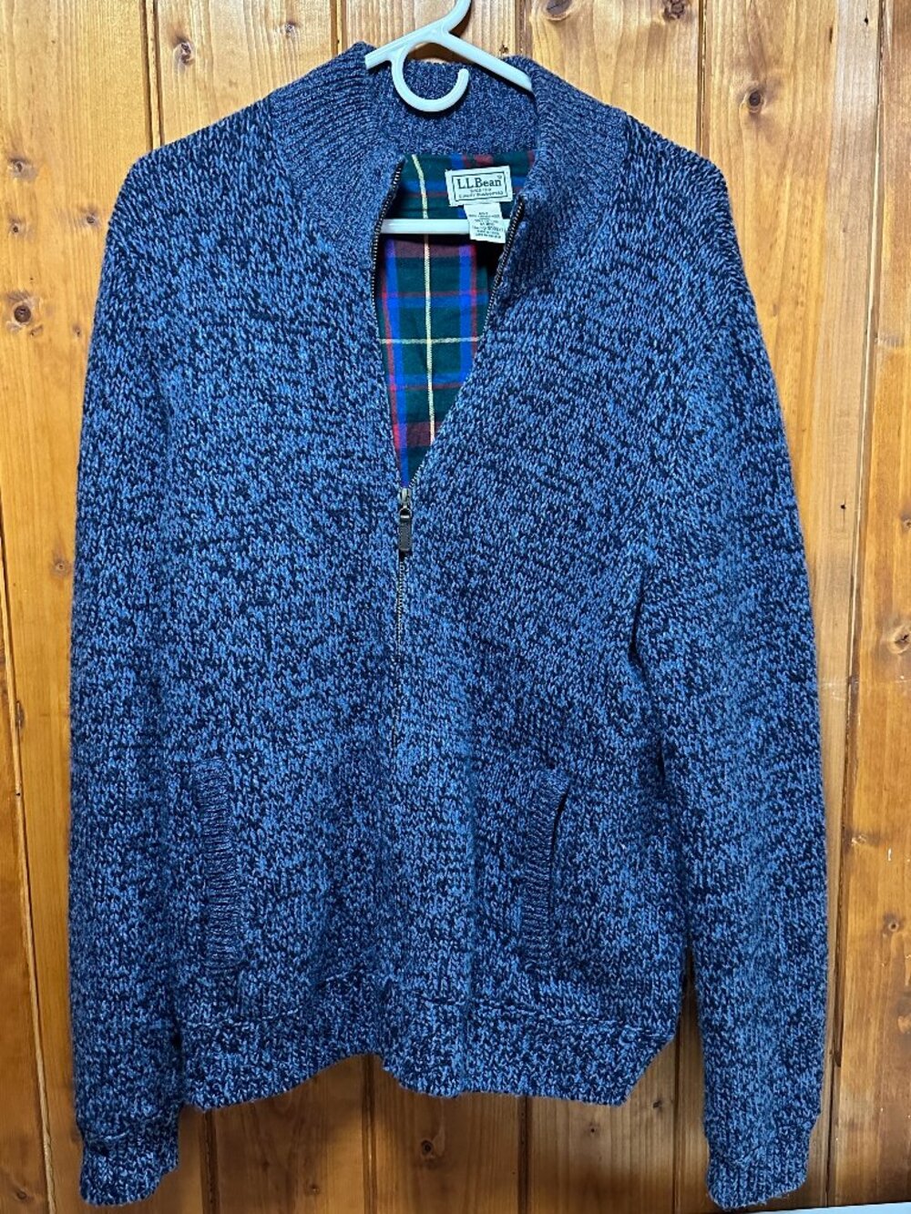 Mens M LL Bean Classic Ragg Lambs Wool Sweater Full Zip Flannel Lined Blue Navy